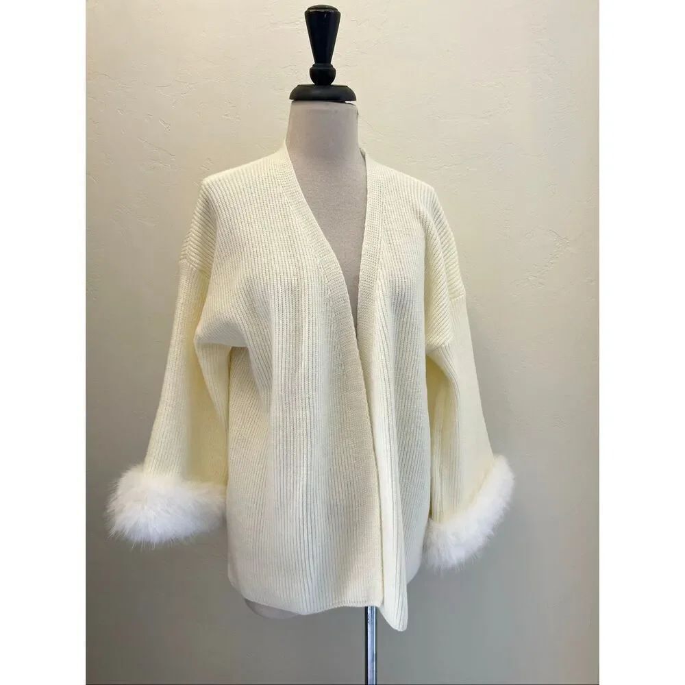 Sierra Darien Women's Ribbed Faux Fur Open-Front Cardigan Sweater Cream XS NWT